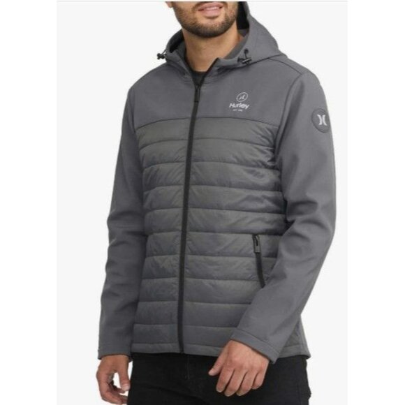 Hurley Puffer Jacket Mens Gray Hooded XXL Fleece Lining Full Zip Pockets - Picture 2 of 12